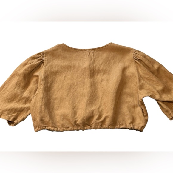 First Rite  Caramel Brown Crop  Blouse - Button Down - 100% Linen - Picture 3 of 7